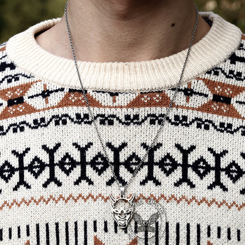 Hollow Oni Mask Necklace in Stainless Steel