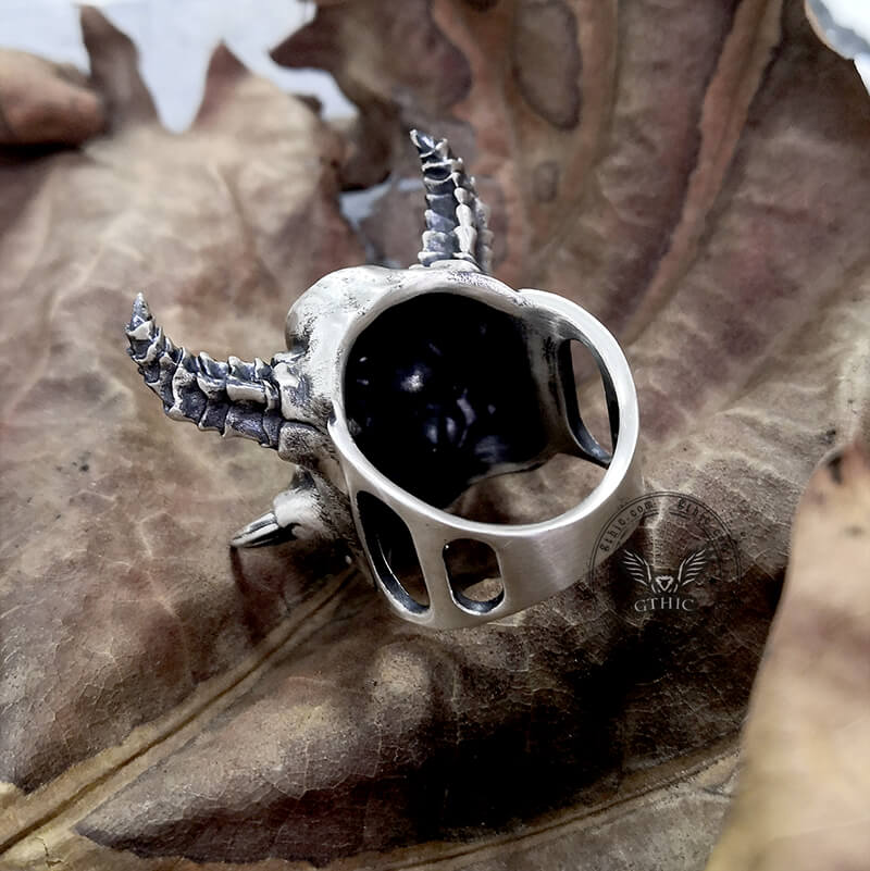 Horned Demon Skull Sterling Silver Ring