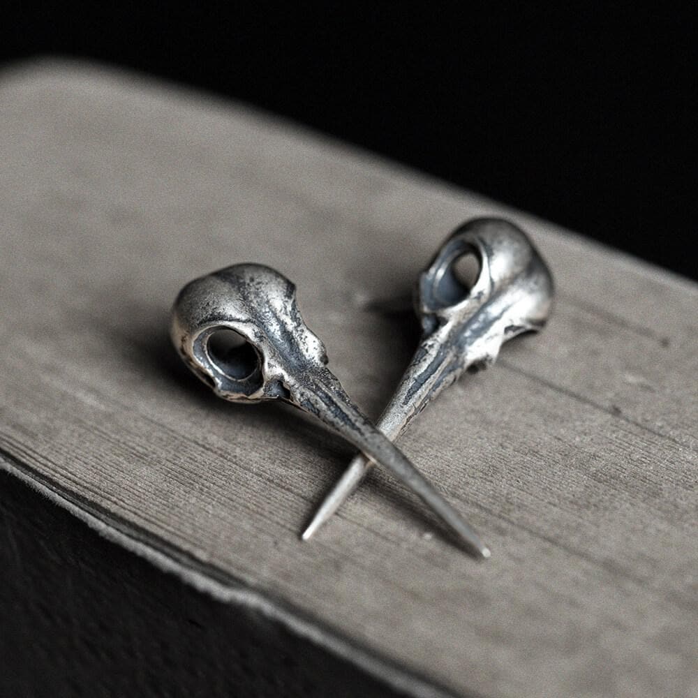 Hummingbird Skull Stud Earrings in Sterling Silver