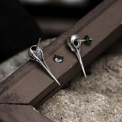 Hummingbird Skull Stud Earrings in Sterling Silver