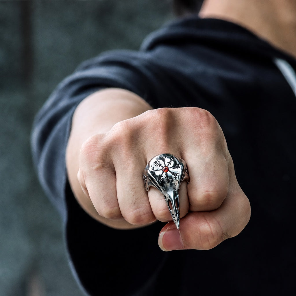Icelandic Vegvisir Raven Ring in Stainless Steel