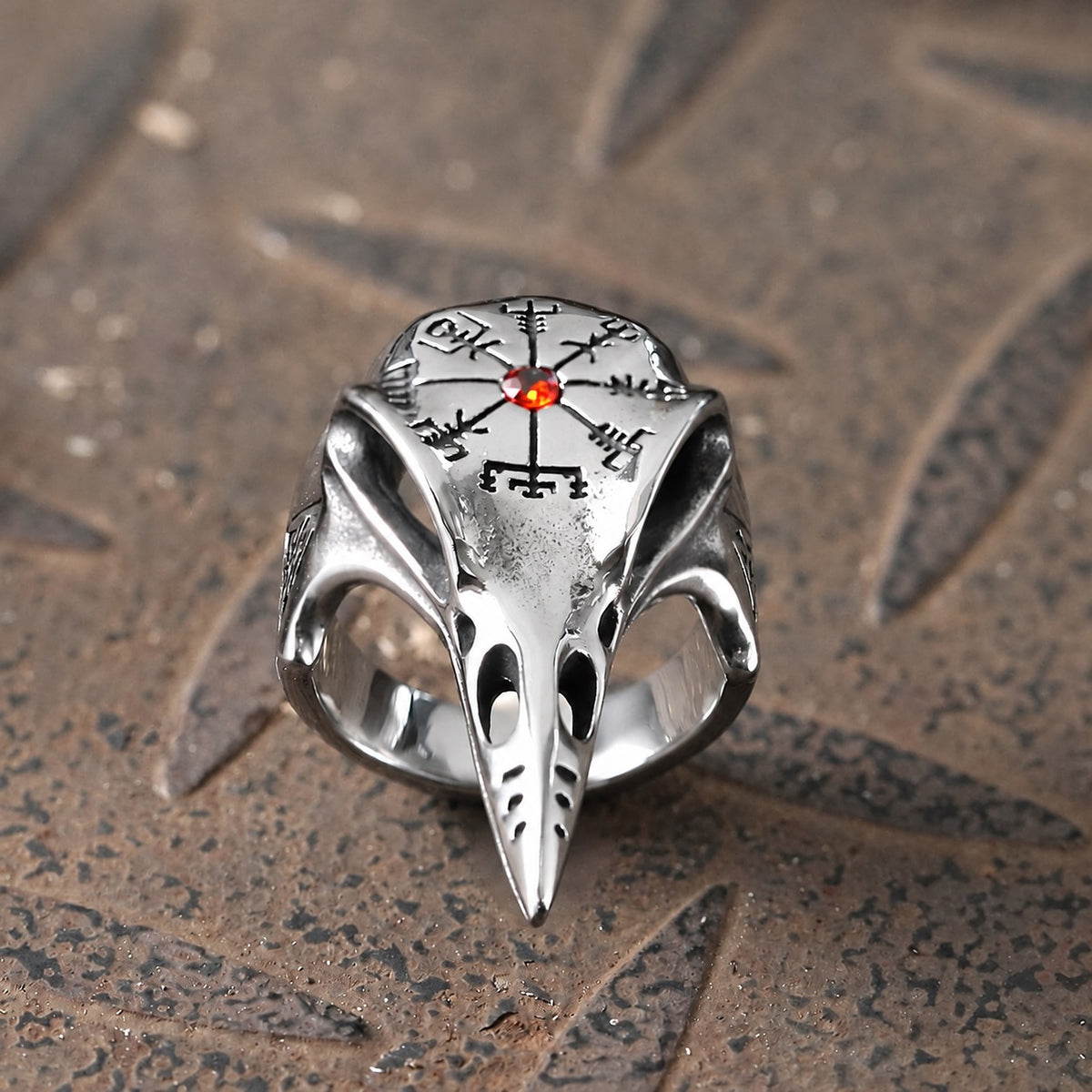 Icelandic Vegvisir Raven Ring in Stainless Steel