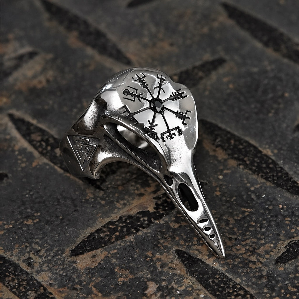 Icelandic Vegvisir Raven Ring in Stainless Steel