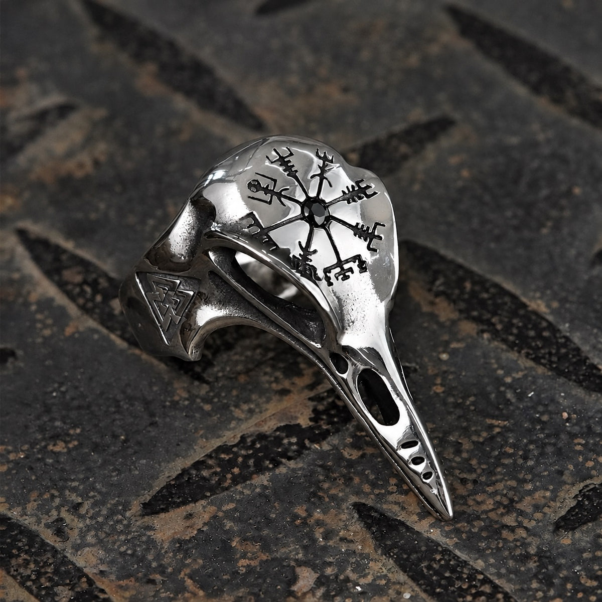 Icelandic Vegvisir Raven Ring in Stainless Steel