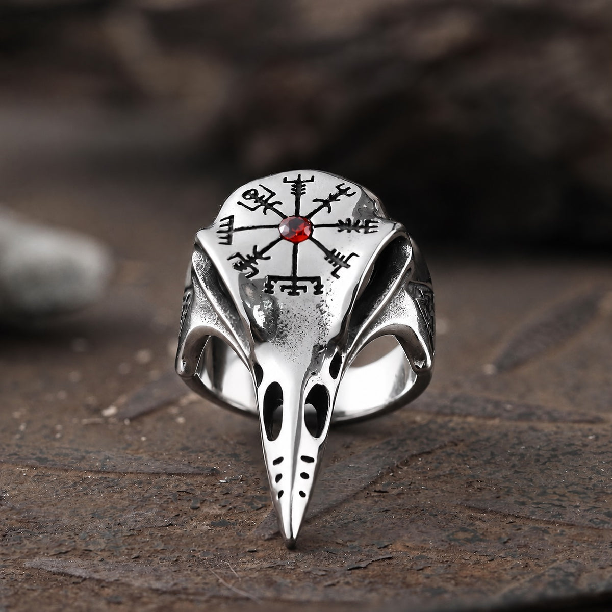 Icelandic Vegvisir Raven Ring in Stainless Steel