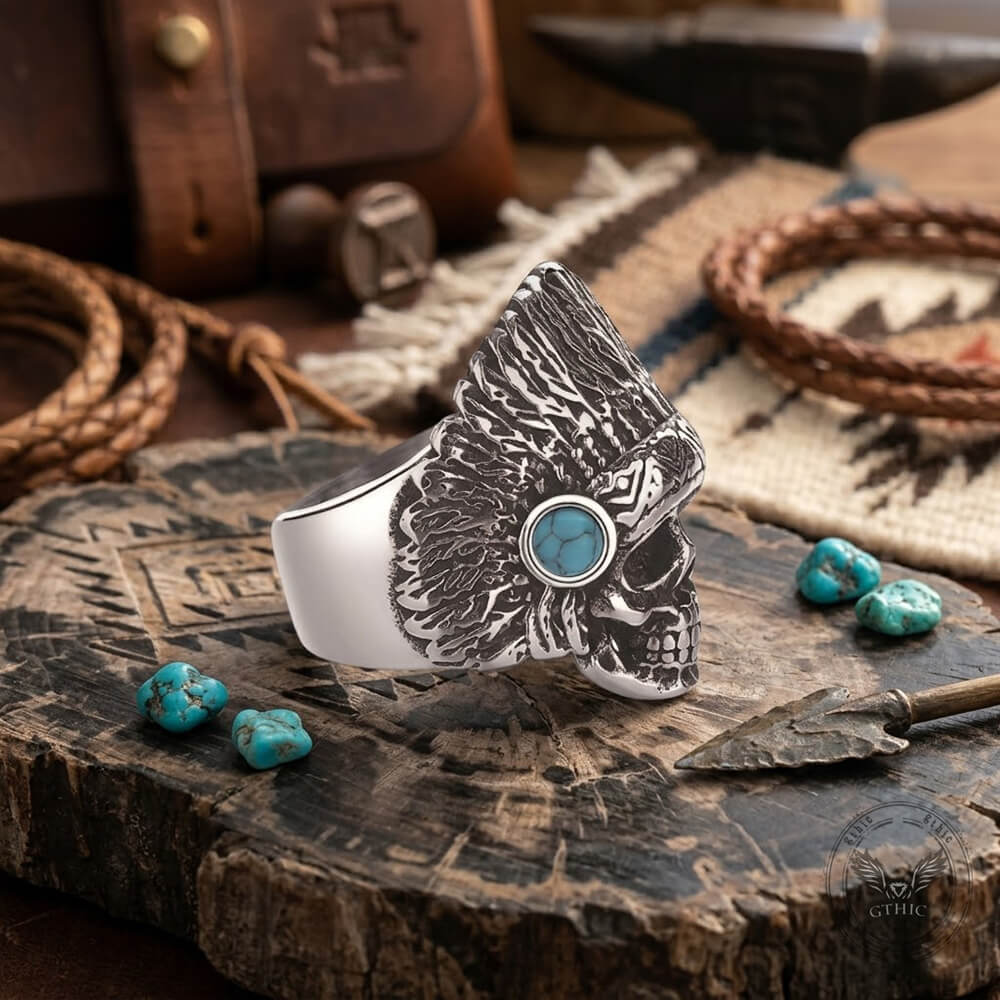 Indian Chief Skull Turquoise Stainless Steel Ring