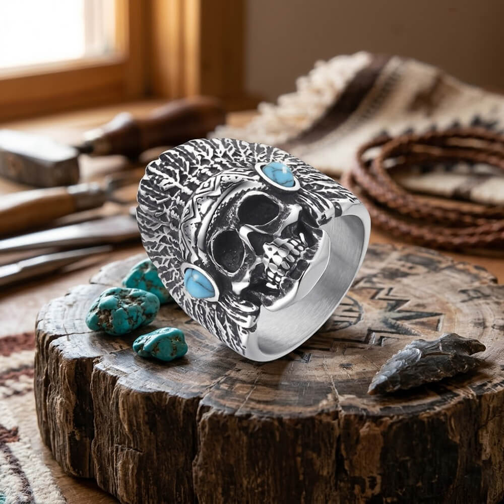 Indian Chief Skull Turquoise Stainless Steel Ring