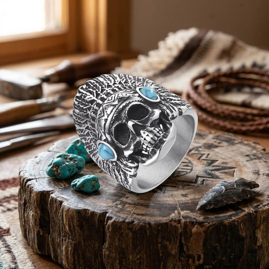 Indian Chief Skull Turquoise Ring in Stainless Steel