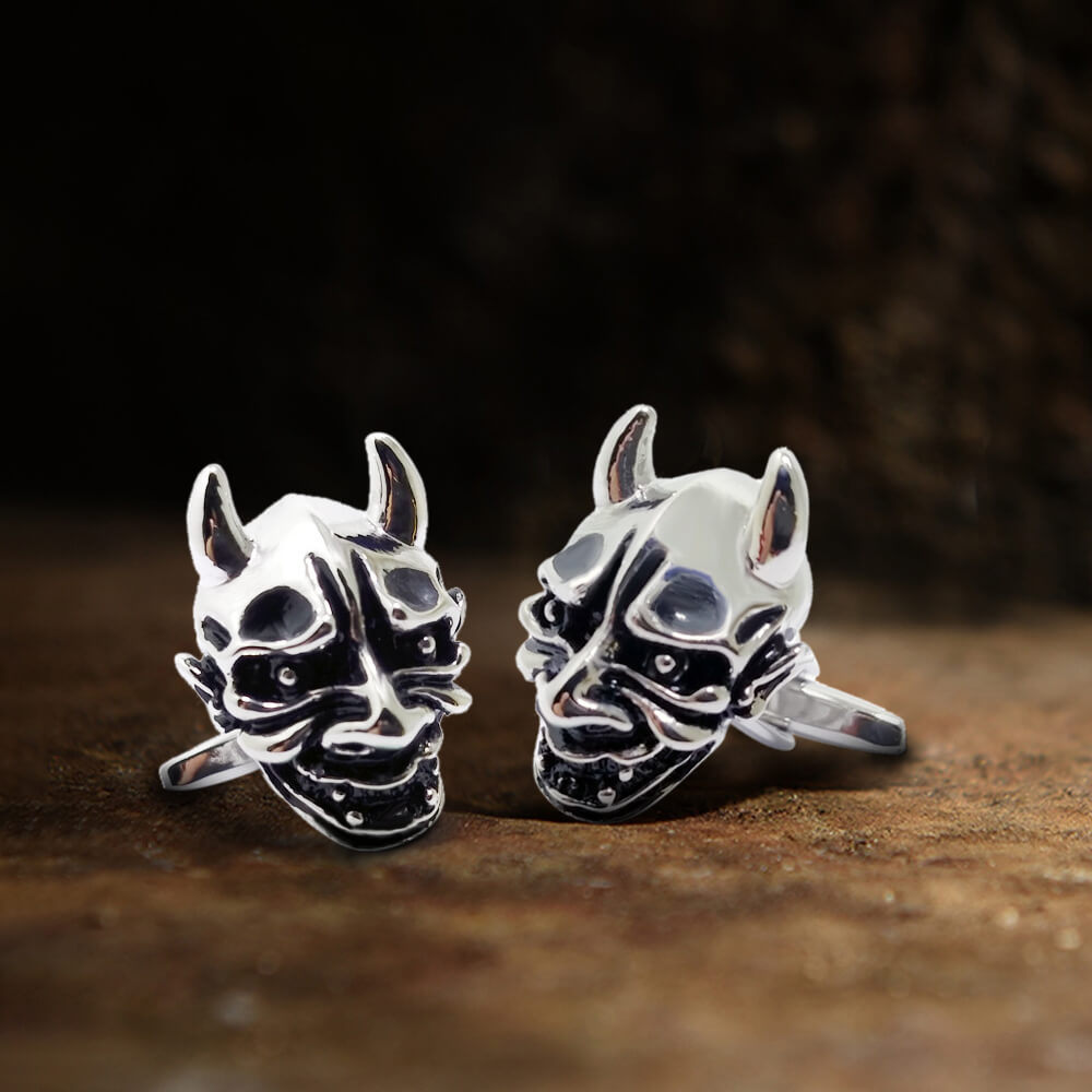Japanese Demon Oni Skull Cufflinks in Brass