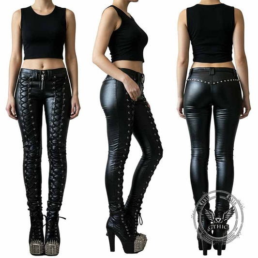 Punk Lace-up Studded Skinny PU Leather Pants