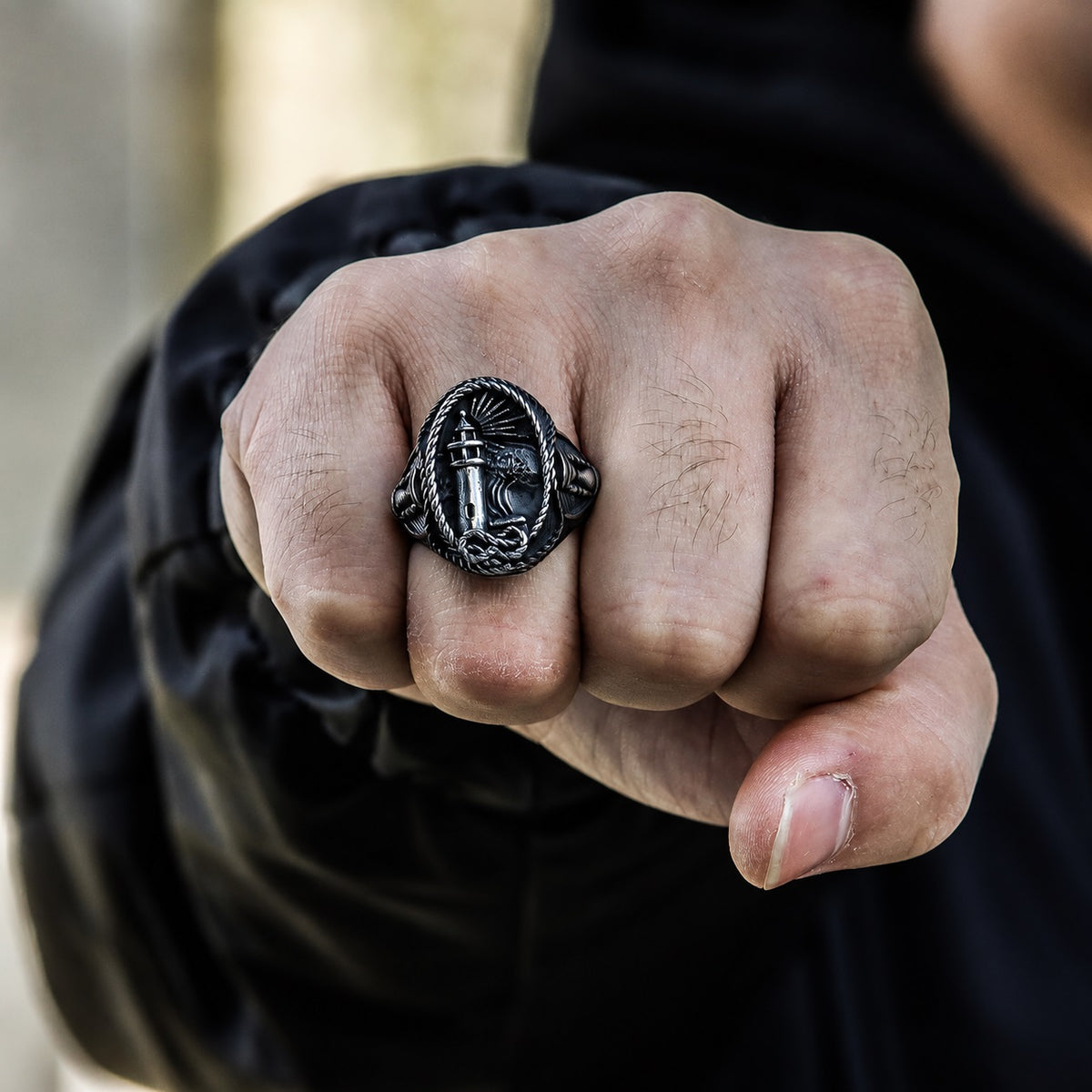 Lighthouse Hourglass Marine Ring in Stainless Steel