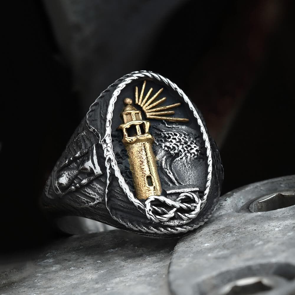 Lighthouse Hourglass Marine Ring in Stainless Steel