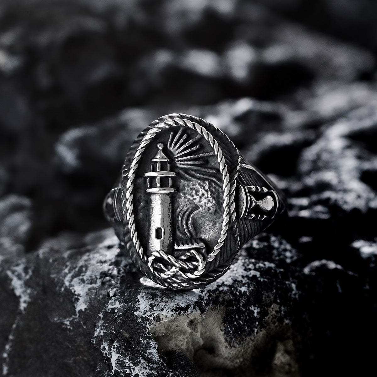 Lighthouse Hourglass Marine Ring in Stainless Steel