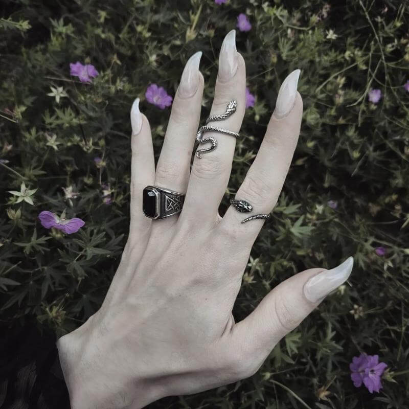 Lucifer Symbol Black Gem Ring in Stainless Steel