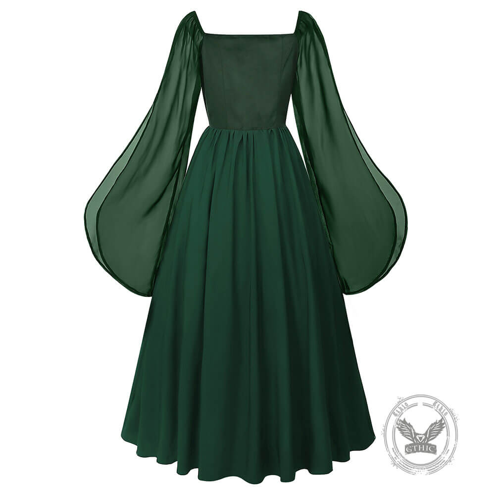 Medieval Square-Neck Lace-Up Bell Sleeves Dress