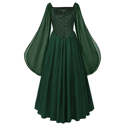 Medieval Square-Neck Lace-Up Bell Sleeves Dress
