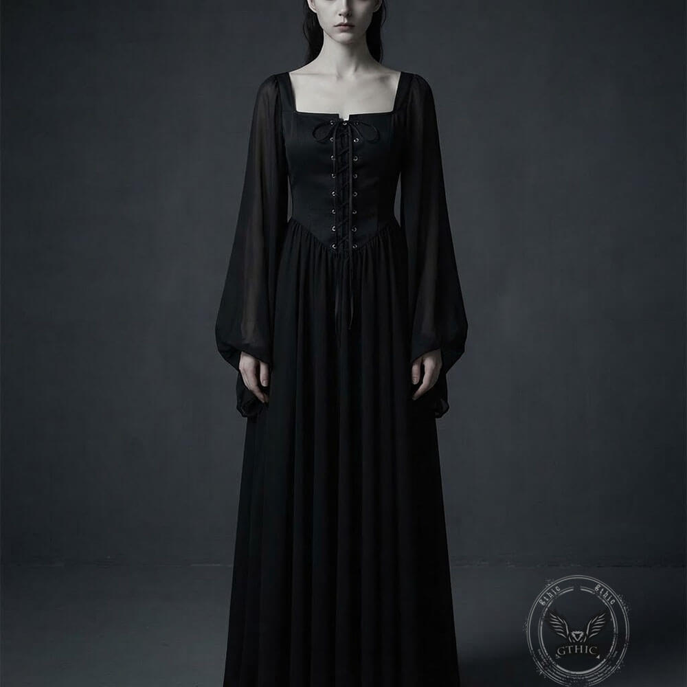 Medieval Square-Neck Lace-Up Bell Sleeves Dress
