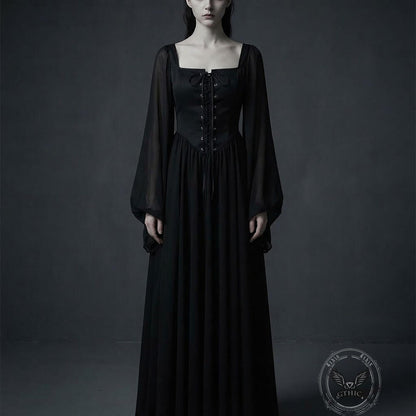 Medieval Square-Neck Lace-Up Bell Sleeves Dress