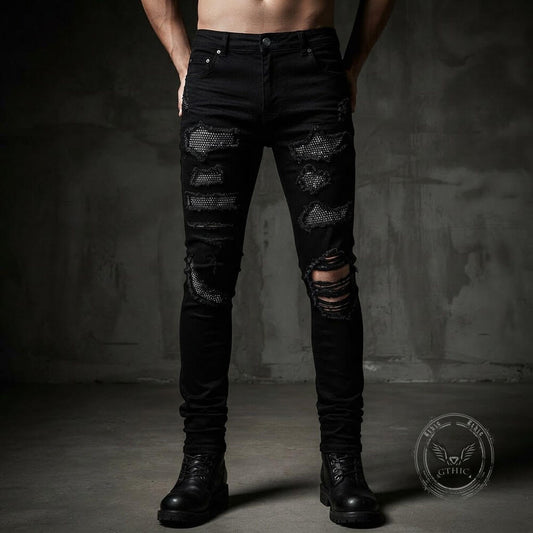 Men's Slim-Fit Ripped Rhinestone Skinny Jeans