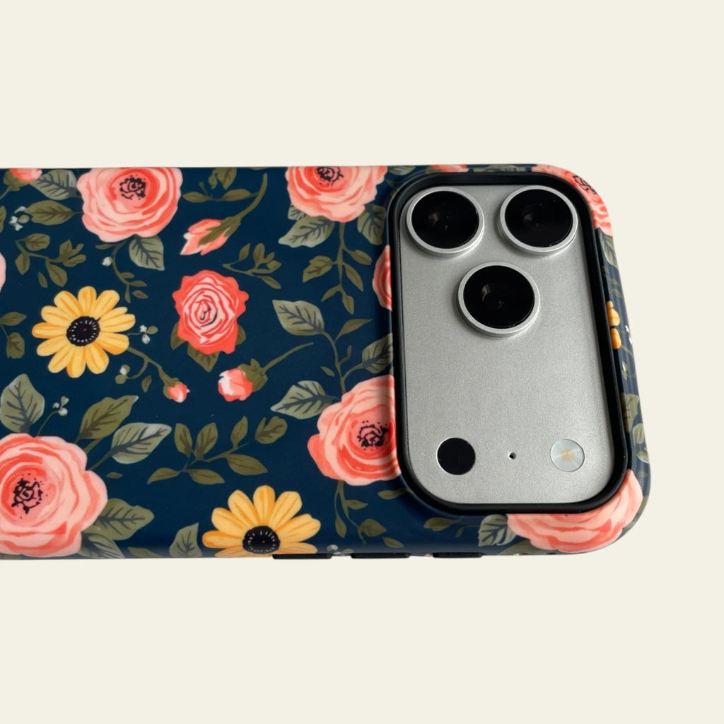 Navy Peach Floral Matte Case - MagSafe Compatible