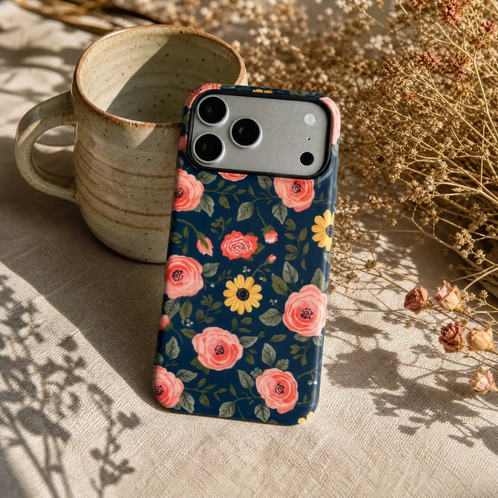Navy Peach Floral Matte Case - MagSafe Compatible