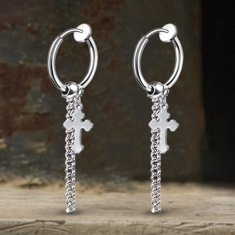 Minimalist Cross Chain Hoop Earrings in Stainless Steel