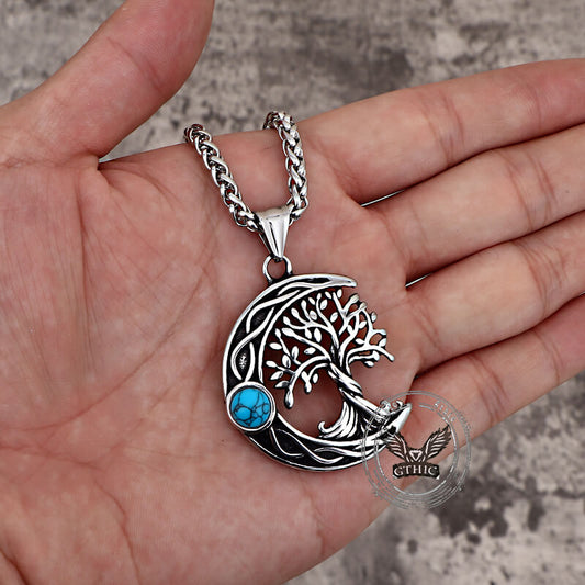Moon Tree of Life Turquoise Pendant in Stainless Steel