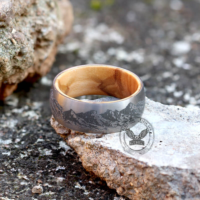 Mountain Scene Titanium Wooden Ring