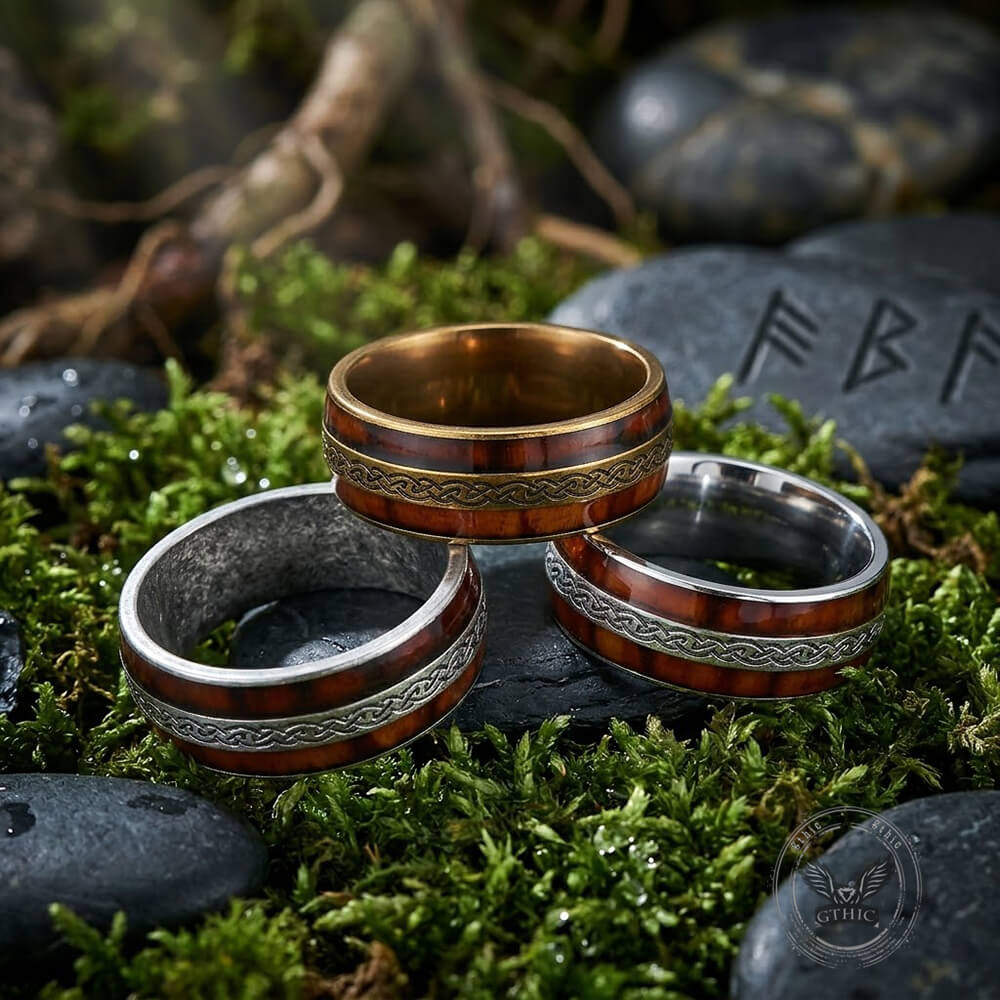 Nordic Celtic Knot Wood Grain Ring in Stainless Steel