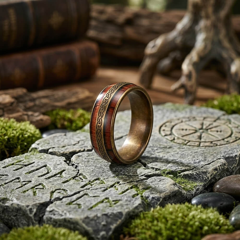 Nordic Celtic Knot Wood Grain Ring in Stainless Steel