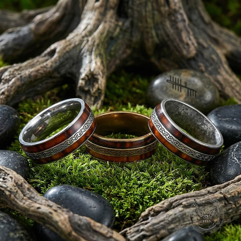 Nordic Celtic Knot Wood Grain Ring in Stainless Steel