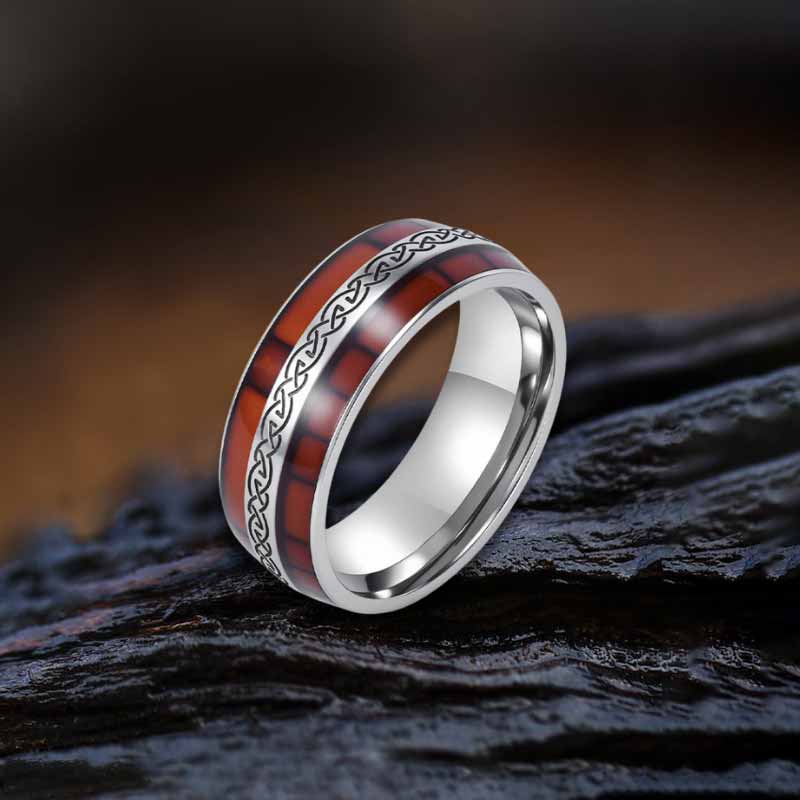 Nordic Celtic Knot Wood Grain Ring in Stainless Steel