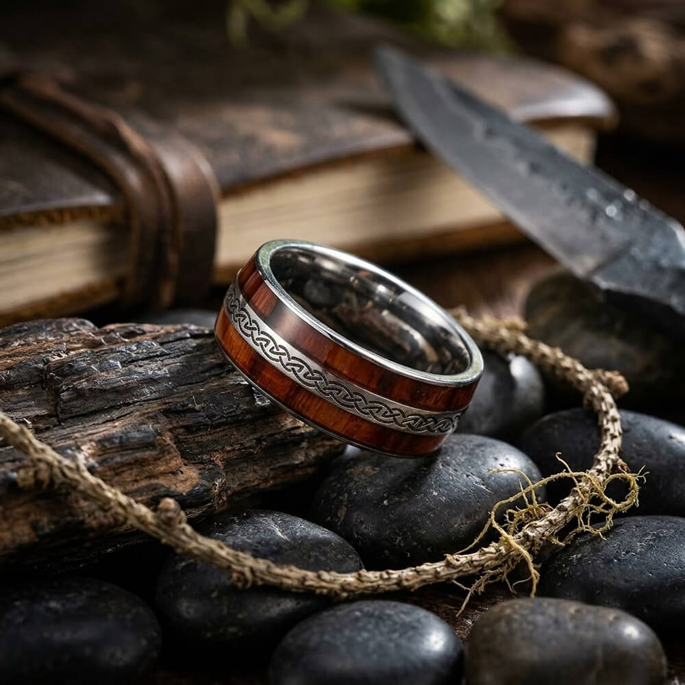 Nordic Celtic Knot Wood Grain Ring in Stainless Steel