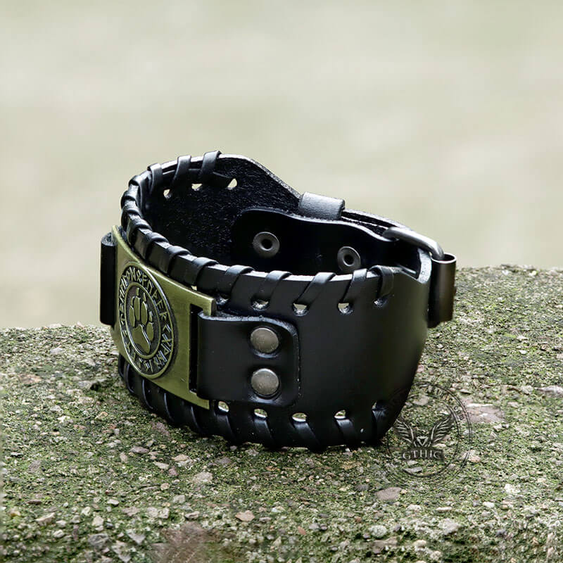 Nordic Wolf Paw Runes Leather Viking Bracelet