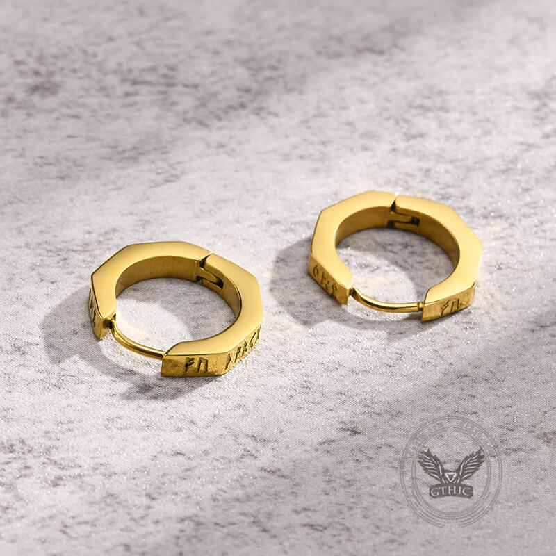 Octagon Viking Runes Hoop Earrings in Stainless Steel