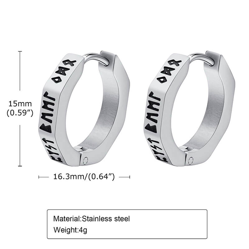 Octagon Viking Runes Hoop Earrings in Stainless Steel