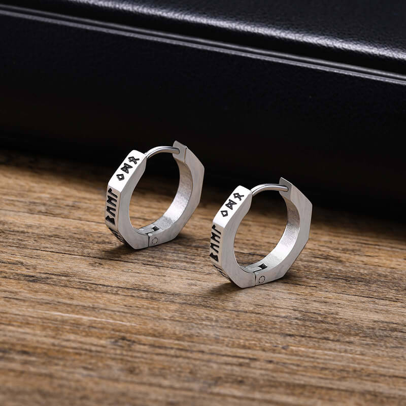 Octagon Viking Runes Hoop Earrings in Stainless Steel