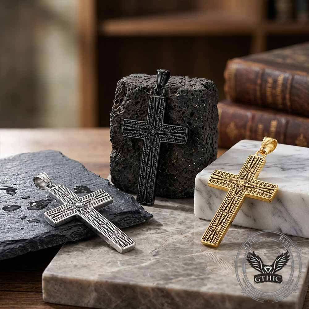 Octagonal Star Pattern Cross Pendant in Stainless Steel
