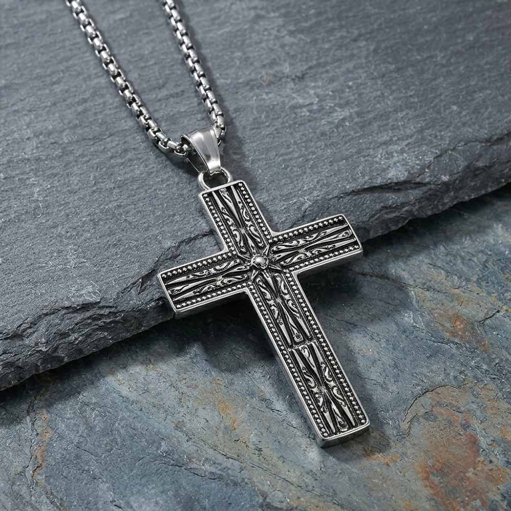 Octagonal Star Pattern Cross Pendant in Stainless Steel