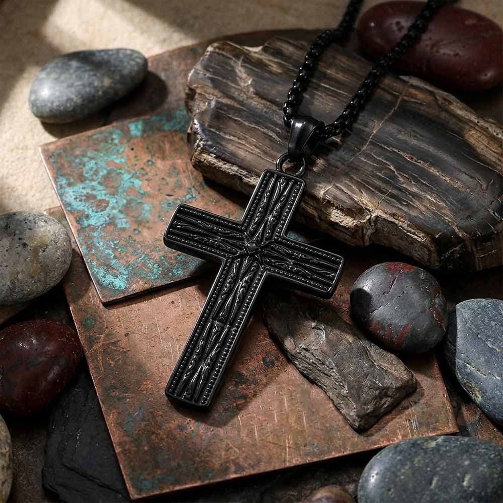Octagonal Star Pattern Cross Pendant in Stainless Steel
