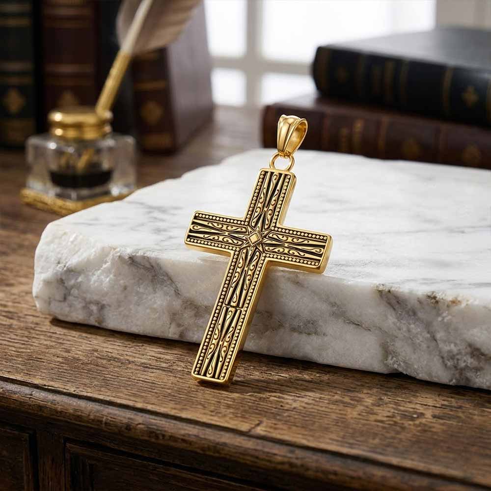 Octagonal Star Pattern Cross Pendant in Stainless Steel