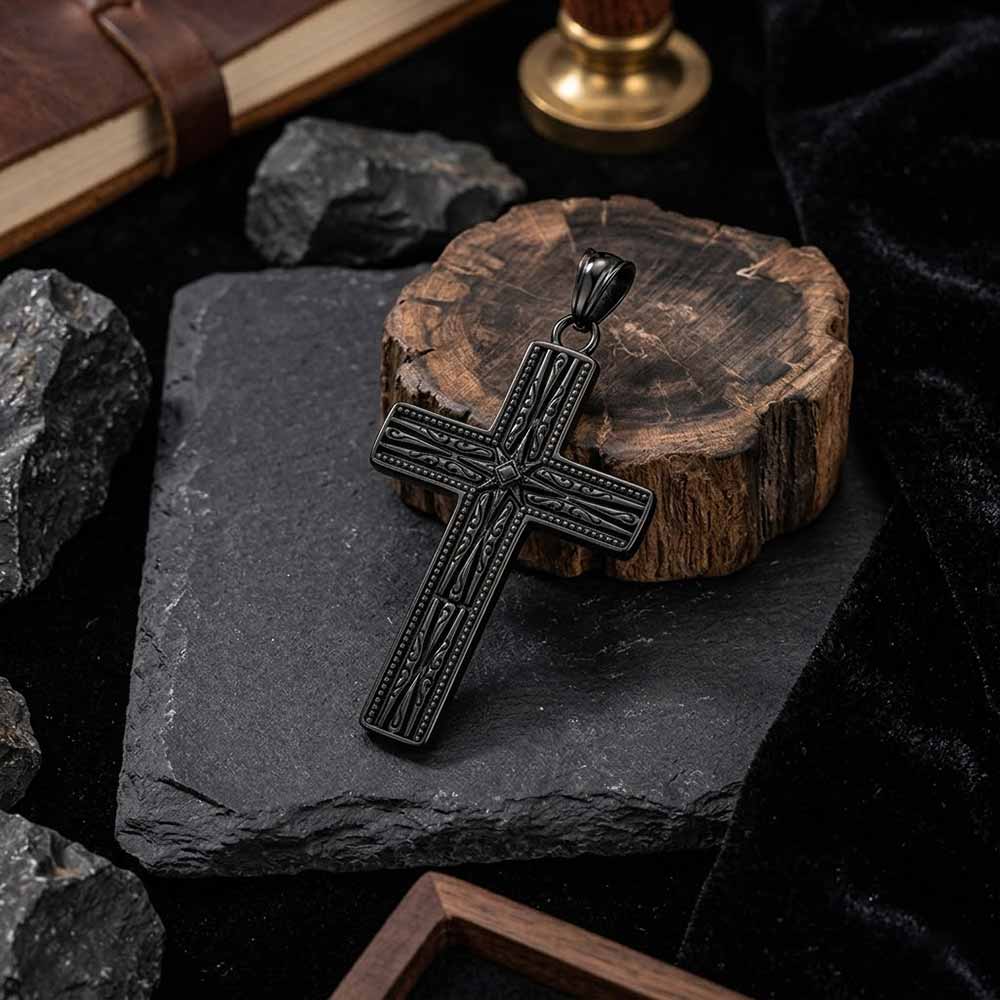 Octagonal Star Pattern Cross Pendant in Stainless Steel