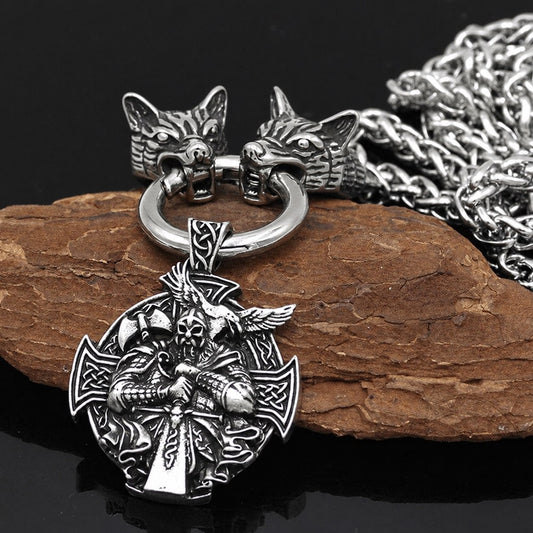 Odin Wolf Raven Viking Necklace in Stainless Steel