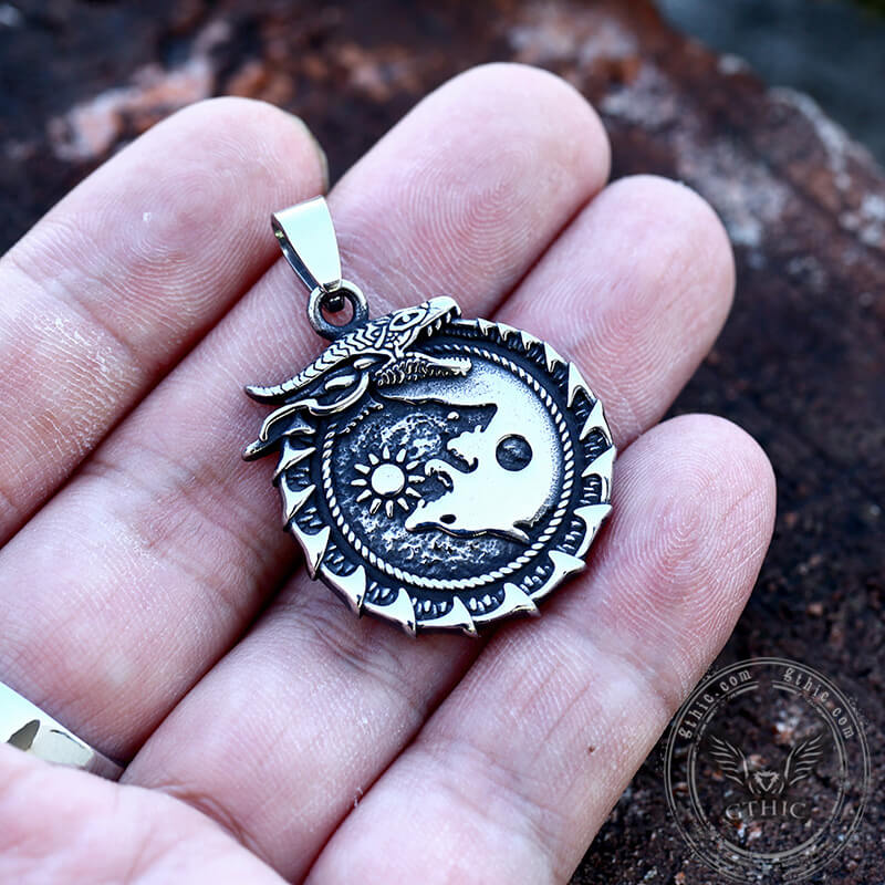 Ouroboros Skoll and Hati Wolf Pendant in Stainless Steel
