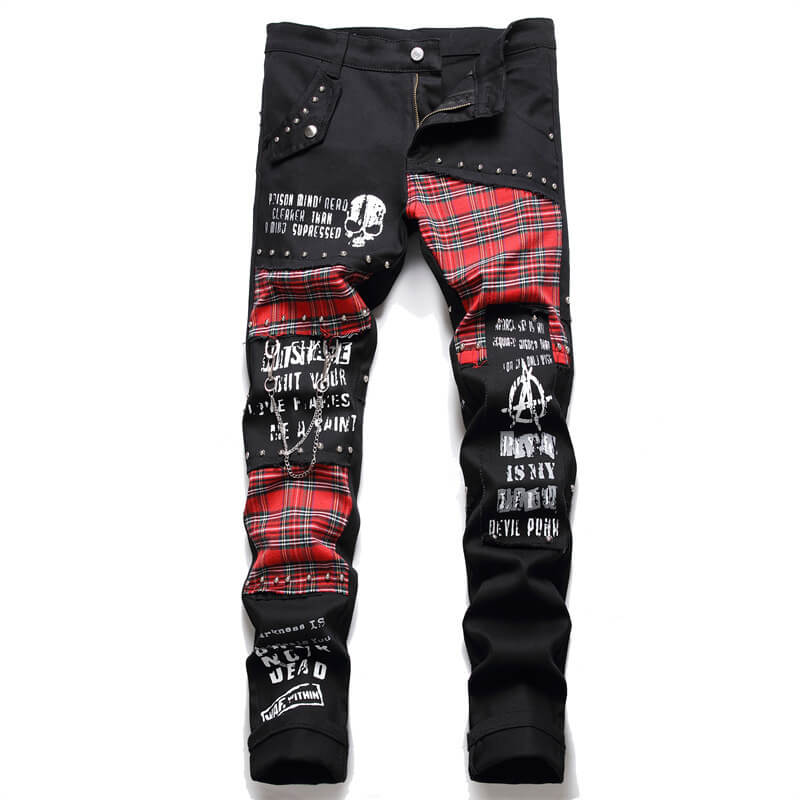 Patch Skull Print Cotton Men's Punk Pants