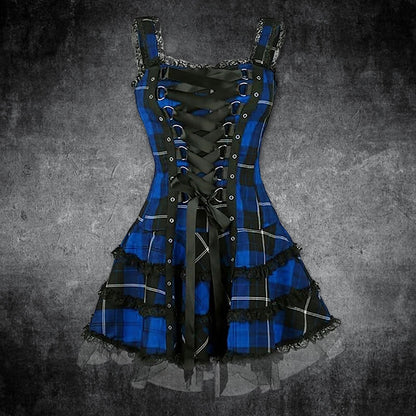 Plaid Lace Up Gothic Mini Dress