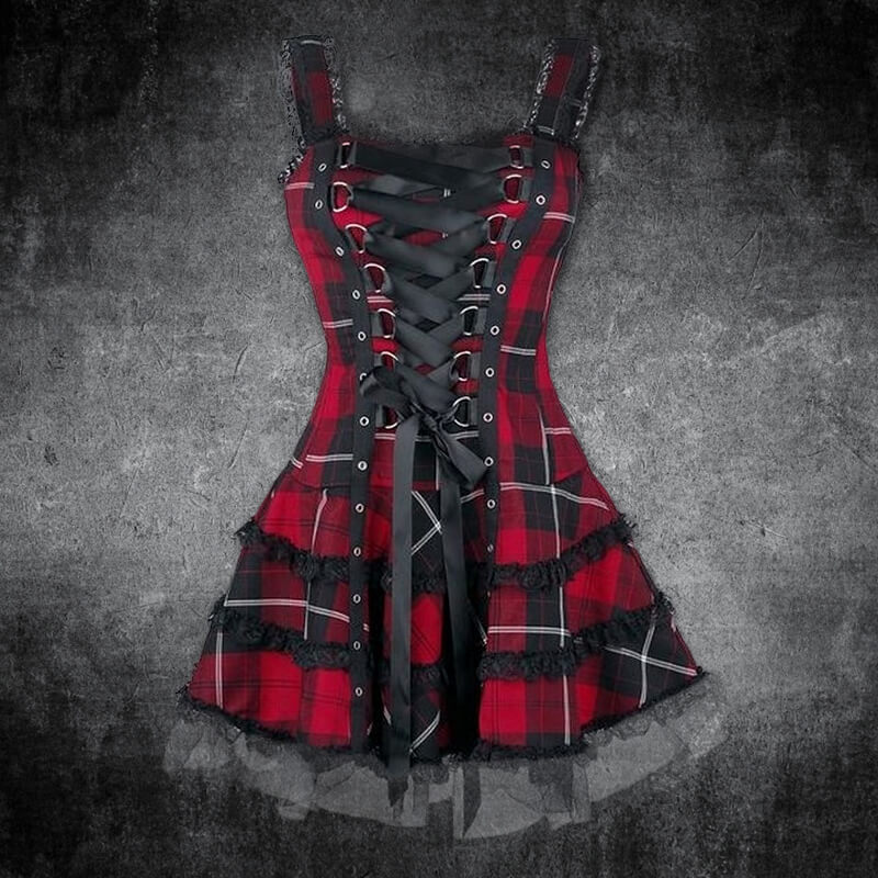 Plaid Lace Up Gothic Mini Dress