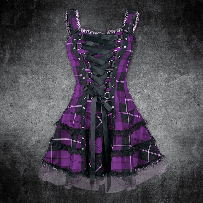 Plaid Lace Up Gothic Mini Dress