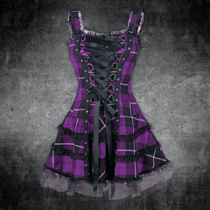 Plaid Lace Up Gothic Mini Dress