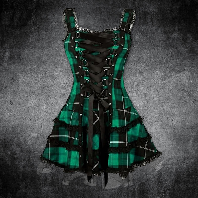 Plaid Lace Up Gothic Mini Dress